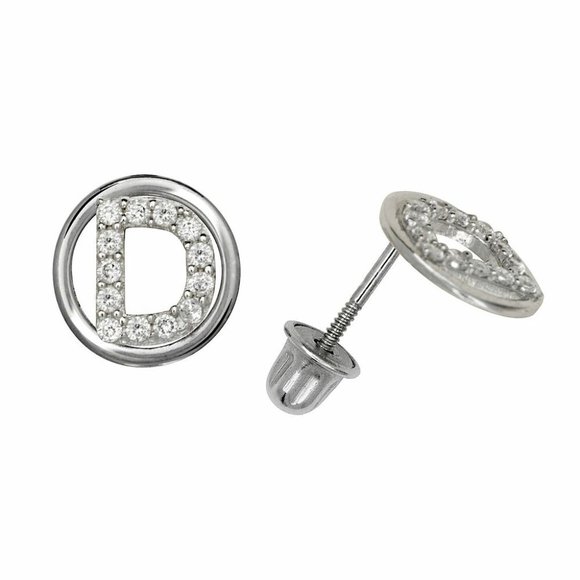 14K Solid White Gold 8mm Letter Initial Halo CZ Stud Alphabet Earrings - Picture 4 of 16
